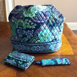 Vera Bradley Rhythm & Blues  Shoulder Bag with Matching Wallet, & Glass Case.
